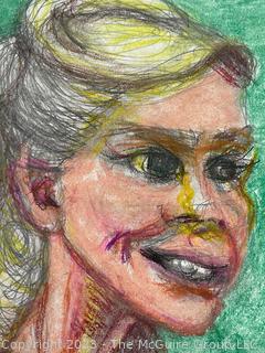 Unframed Impressionist Pastel Portrait of Woman with Blonde Hair on Green Background.  Measures 8.5 x 11"