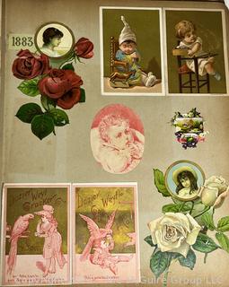 Victorian Scrapbook with Ornate Cover and Full of Illustrations, Calling Cards, Postcards Etc.