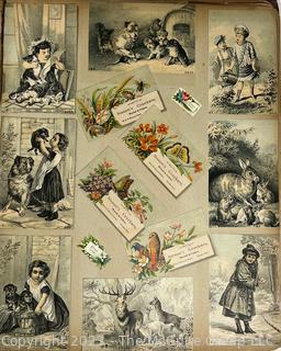 Victorian Scrapbook with Ornate Cover and Full of Illustrations, Calling Cards, Postcards Etc.