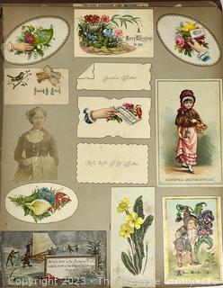 Victorian Scrapbook with Ornate Cover and Full of Illustrations, Calling Cards, Postcards Etc.