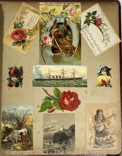 Victorian Scrapbook with Ornate Cover and Full of Illustrations, Calling Cards, Postcards Etc.