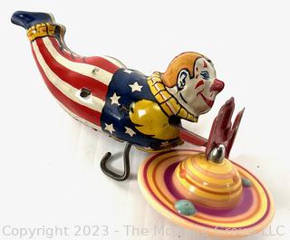 J Chein Clown Handstand Lithograph Tin Windup Toy and Spinning Top