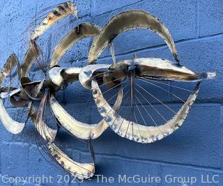 Large Modern Abstract Brutalist Wall Sculpture In Torch Cut Brass, 1970s.  64ʺL × 27ʺH (Note: A wing was broken off as it was handled during the inspection.) Easy fix if so inclined 