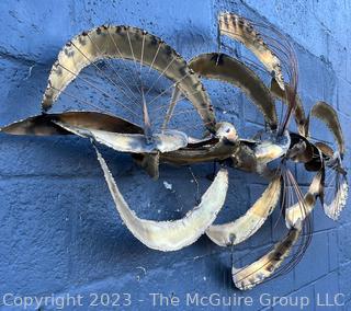 Large Modern Abstract Brutalist Wall Sculpture In Torch Cut Brass, 1970s.  64ʺL × 27ʺH (Note: A wing was broken off as it was handled during the inspection.) Easy fix if so inclined 