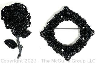 Two (2) Antique Black Beaded Brooches Including Rose & Wired Filigree Square