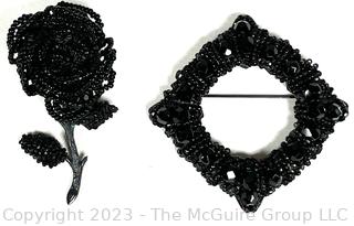 Two (2) Antique Black Beaded Brooches Including Rose & Wired Filigree Square