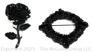 Two (2) Antique Black Beaded Brooches Including Rose & Wired Filigree Square