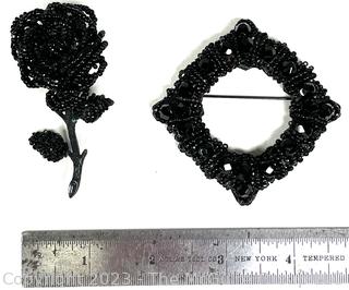 Two (2) Antique Black Beaded Brooches Including Rose & Wired Filigree Square