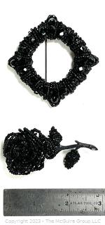 Two (2) Antique Black Beaded Brooches Including Rose & Wired Filigree Square