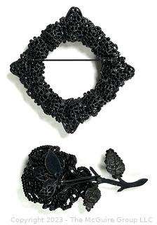 Two (2) Antique Black Beaded Brooches Including Rose & Wired Filigree Square