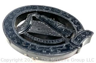 Victorian Round Irish Bog Turf Carved Harp Brooch.