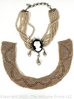 Multi Strand Faux Pearl Necklace with Mounted Black Carved Cameo Pendant and Faux Pearl & Bead Bib Collar  