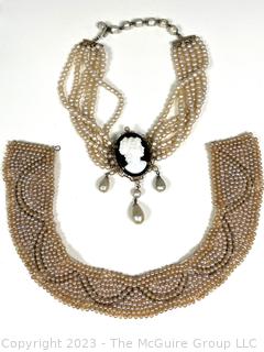 Multi Strand Faux Pearl Necklace with Mounted Black Carved Cameo Pendant and Faux Pearl & Bead Bib Collar  