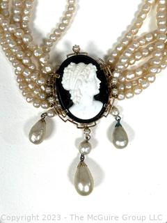 Multi Strand Faux Pearl Necklace with Mounted Black Carved Cameo Pendant and Faux Pearl & Bead Bib Collar  