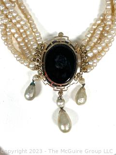 Multi Strand Faux Pearl Necklace with Mounted Black Carved Cameo Pendant and Faux Pearl & Bead Bib Collar  