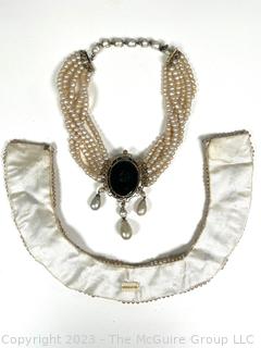 Multi Strand Faux Pearl Necklace with Mounted Black Carved Cameo Pendant and Faux Pearl & Bead Bib Collar  