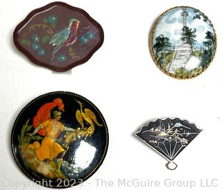 Four (4) Vintage Brooches Including Russian Lacquer Pin