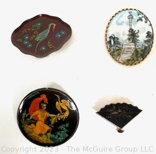 Four (4) Vintage Brooches Including Russian Lacquer Pin