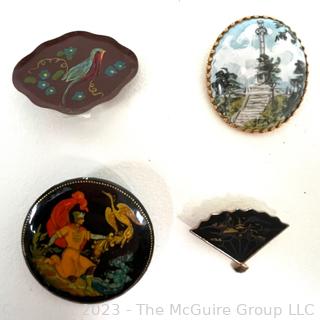 Four (4) Vintage Brooches Including Russian Lacquer Pin