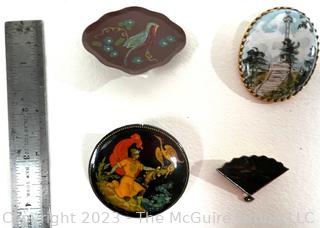 Four (4) Vintage Brooches Including Russian Lacquer Pin