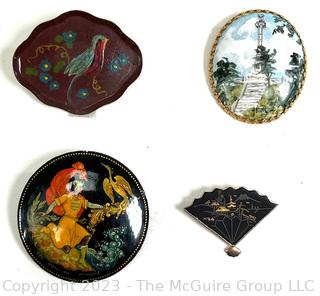 Four (4) Vintage Brooches Including Russian Lacquer Pin