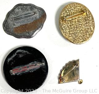 Four (4) Vintage Brooches Including Russian Lacquer Pin