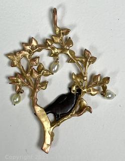 Partridge in a Pear Tree Pendant with Pearl Accents, Signed Art, Arthur Pepper 