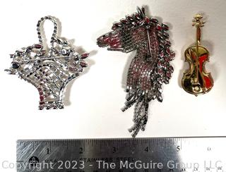 Three (3) Vintage Rhinestone Brooches Including Swarovski Violin.  