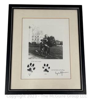 Framed Under Glass "Best Wishes from Him, Hers and the Master of the Pups" From President Lyndon B Johnson Signed Card. Measures 12 x 14"