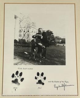 Framed Under Glass "Best Wishes from Him, Hers and the Master of the Pups" From President Lyndon B Johnson Signed Card. Measures 12 x 14"