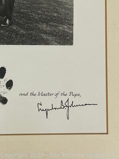 Framed Under Glass "Best Wishes from Him, Hers and the Master of the Pups" From President Lyndon B Johnson Signed Card. Measures 12 x 14"