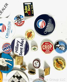 Collection of Promotional and Political Pins and Buttons