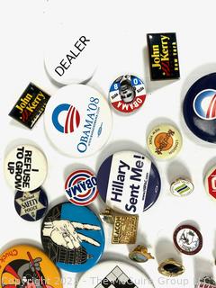 Collection of Promotional and Political Pins and Buttons