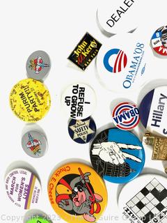 Collection of Promotional and Political Pins and Buttons