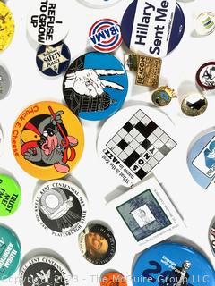 Collection of Promotional and Political Pins and Buttons