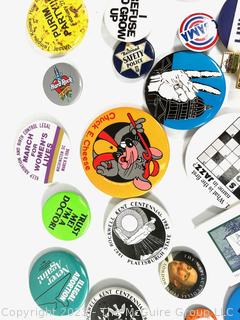 Collection of Promotional and Political Pins and Buttons