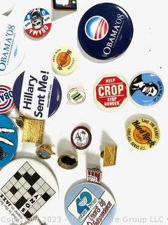 Collection of Promotional and Political Pins and Buttons