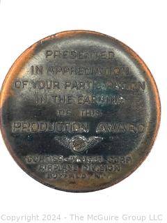 Circa 1940's Bronze Medallion Production Award Presented to Curtiss-Wright Corp. Airplane Division. Buffalo, NY