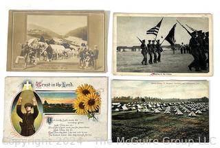 Four (4) WWI & WWII Military Focused Postcards Including Harpers Ferry