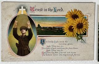 Four (4) WWI & WWII Military Focused Postcards Including Harpers Ferry