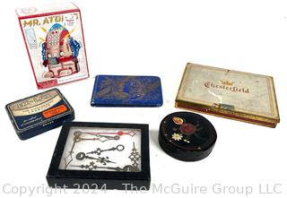 Group of Tins, Clock Parts, Wind Up Toy, Etc