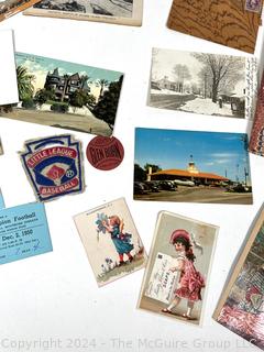 Ephemera Grouping including Poor Richards Almanac, Gettysburg Book, Postcards, Trade Cards, Etc.
