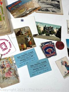 Ephemera Grouping including Poor Richards Almanac, Gettysburg Book, Postcards, Trade Cards, Etc.
