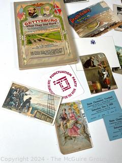 Ephemera Grouping including Poor Richards Almanac, Gettysburg Book, Postcards, Trade Cards, Etc.
