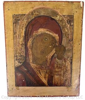 Russian Hand Painted on Wood Icon of the Virgin of Kazan. Measures 9 x 11"