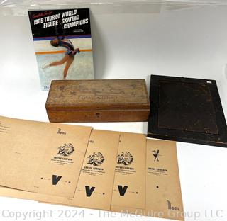 Group Including Tool Box, Restaurant Menus from V Day, World of Skating and Wooden Frame 11 1/2 x 14 1/2"