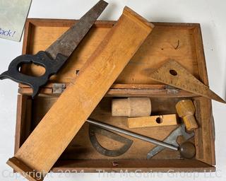 Group Including Tool Box, Restaurant Menus from V Day, World of Skating and Wooden Frame 11 1/2 x 14 1/2"