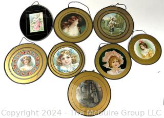 Eight (8) Victorian Round Glass Frame with Gold Mat and Hanging Chain Flue Covers.  Various Sizes