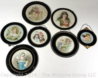 Seven (7) Victorian Round Glass Frame with Children and Hanging Chain Flue Covers. Various Sizes