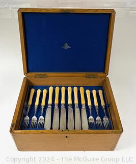 Set of English Sheffield Engraved Fish Flatware With Wooden Box.